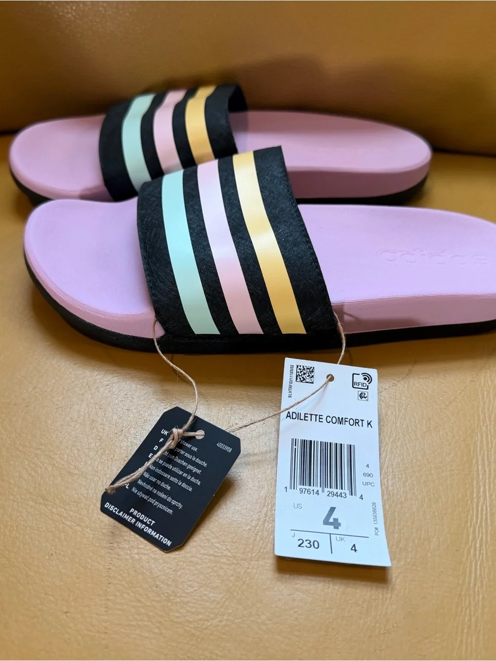 adidas girl’s Pink Slide Sandals with Black Strap and Pastel Stripes size 4
